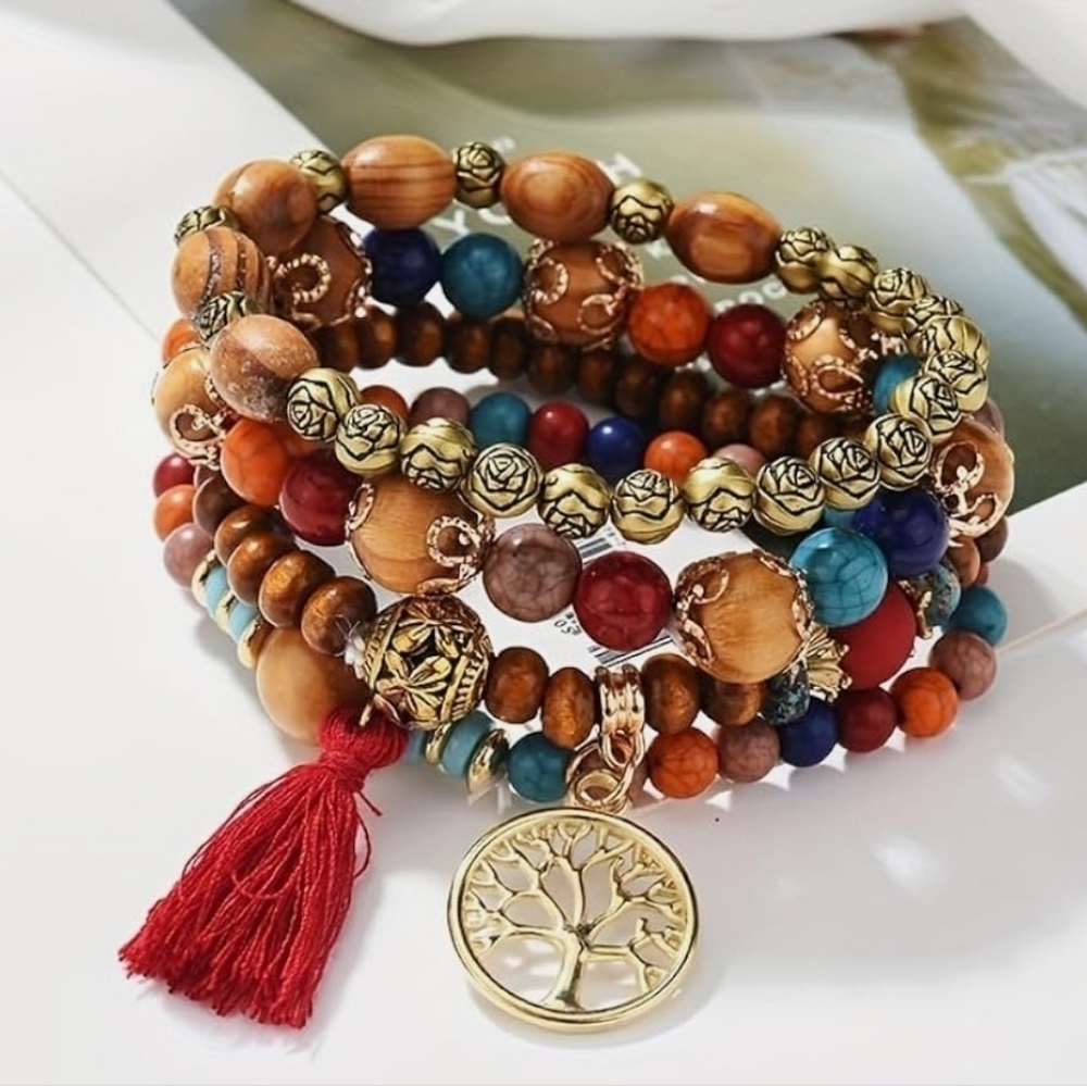 5pc Colorful Boho Multicolor Beaded Bracelet Set - Picture 2 of 2